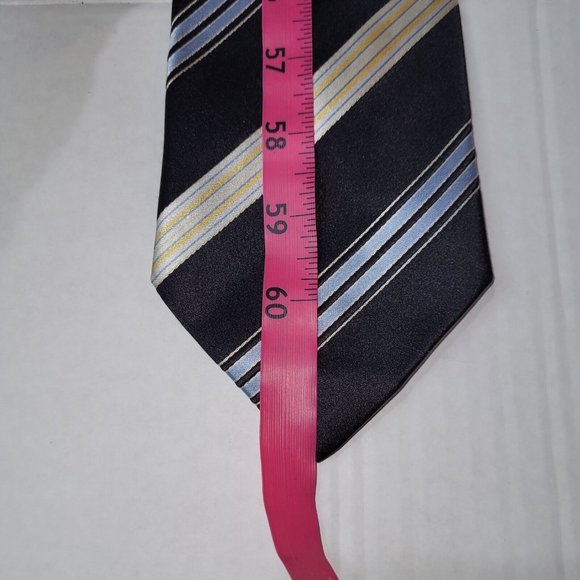 Via Vai Tie Men Silk Necktie Hand Made in Italy Black Blue/Yelllow Stripes - Picture 7 of 8